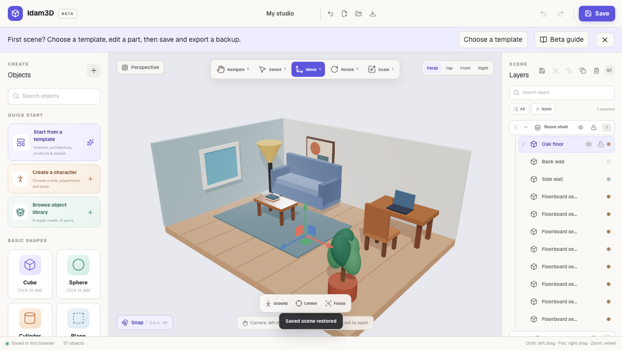 Idam3D editor showing an editable studio interior with a sofa, desk, lamp and plant